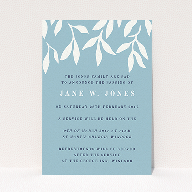 A funeral invite design titled "White vines". It is an A6 invite in a portrait orientation. "White vines" is available as a flat invite, with tones of blue and white.