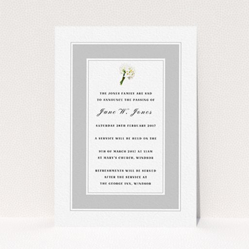 Funeral Notification Card Design - "A bouquet of remembrance" A funeral notification card template titled "A bouquet of remembrance". It is an A6 card in a portrait orientation. "A bouquet of remembrance" is available as a flat card, with tones of grey and white.