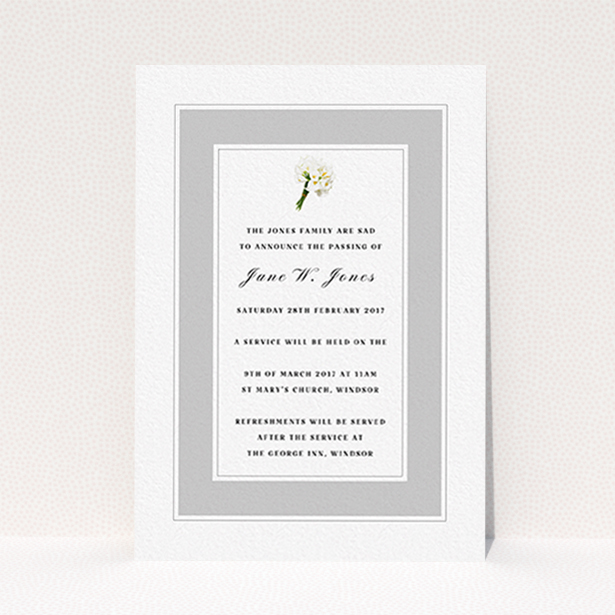 A funeral notification card template titled "A bouquet of remembrance". It is an A6 card in a portrait orientation. "A bouquet of remembrance" is available as a flat card, with tones of grey and white.