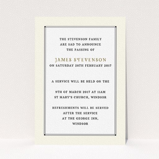 Funeral Notification Card Design - "Deco notch border" A funeral notification card design titled "Deco notch border". It is an A6 card in a portrait orientation. "Deco notch border" is available as a flat card, with mainly cream colouring.