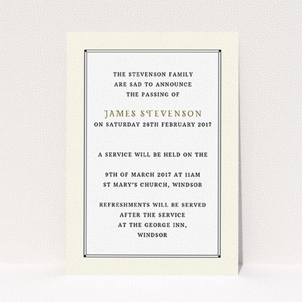 A funeral notification card design titled "Deco notch border". It is an A6 card in a portrait orientation. "Deco notch border" is available as a flat card, with mainly cream colouring.