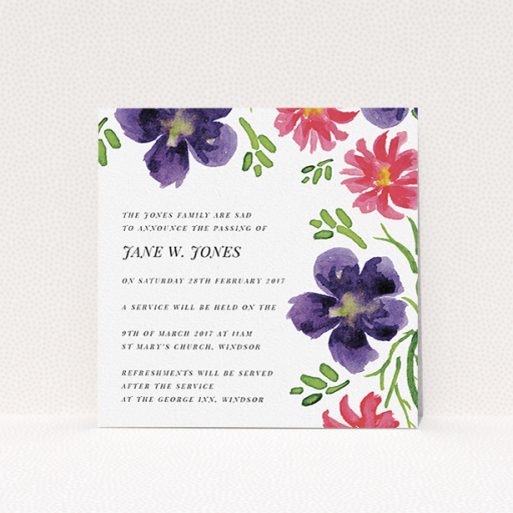 Funeral Notification Card Design - "Flowers are coming" A funeral notification card design titled "Flowers are coming". It is a square (148mm x 148mm) card in a square orientation. "Flowers are coming" is available as a flat card, with tones of white and purple.