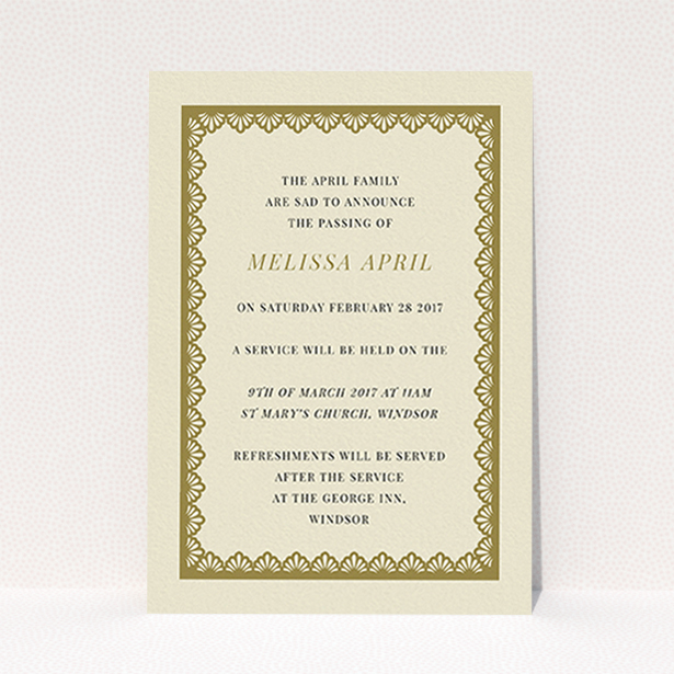 A funeral notification card named "Golden stage". It is an A6 card in a portrait orientation. "Golden stage" is available as a flat card, with tones of cream and gold.