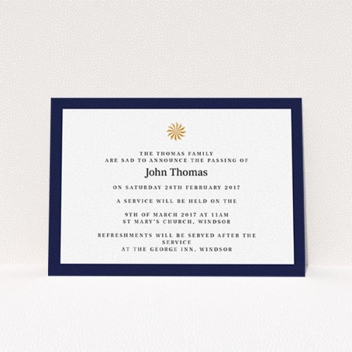 Funeral Notification Card Design - "Golden sundial" A funeral notification card design called "Golden sundial". It is an A6 card in a landscape orientation. "Golden sundial" is available as a flat card, with tones of navy blue and white.