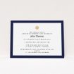 A funeral notification card design called "Golden sundial". It is an A6 card in a landscape orientation. "Golden sundial" is available as a flat card, with tones of navy blue and white.