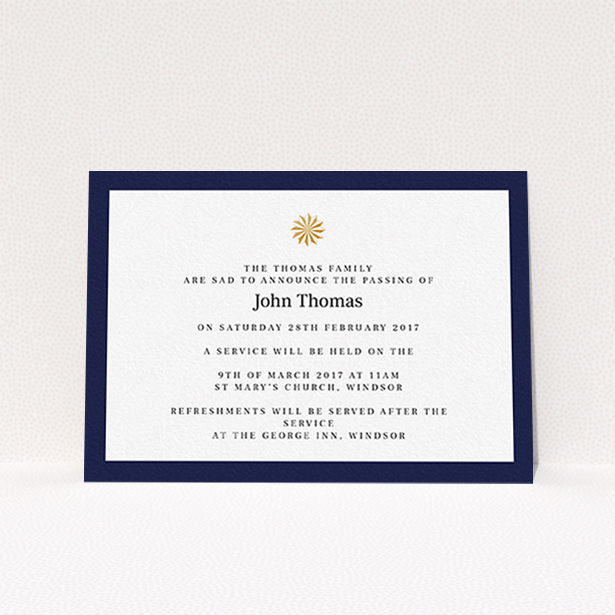 A funeral notification card design called "Golden sundial". It is an A6 card in a landscape orientation. "Golden sundial" is available as a flat card, with tones of navy blue and white.
