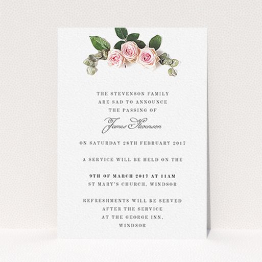 Funeral Notification Card Design - "Rose Bouquet" A funeral notification card design called "Rose Bouquet". It is an A6 card in a portrait orientation. "Rose Bouquet" is available as a flat card, with tones of pink and white.