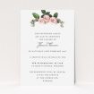 A funeral notification card design called "Rose Bouquet". It is an A6 card in a portrait orientation. "Rose Bouquet" is available as a flat card, with tones of pink and white.