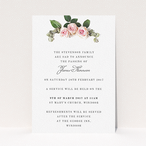 A funeral notification card design called "Rose Bouquet". It is an A6 card in a portrait orientation. "Rose Bouquet" is available as a flat card, with tones of pink and white.