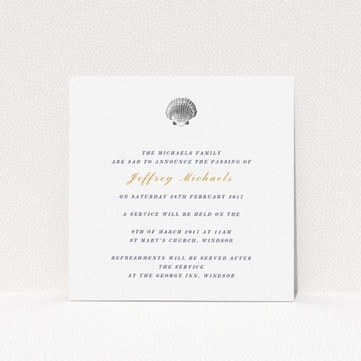 Funeral Notification Card Design - "Simple shell" A funeral notification card template titled "Simple shell". It is a square (148mm x 148mm) card in a square orientation. "Simple shell" is available as a flat card, with tones of white and gold.
