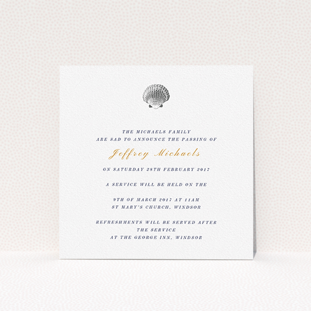 A funeral notification card template titled "Simple shell". It is a square (148mm x 148mm) card in a square orientation. "Simple shell" is available as a flat card, with tones of white and gold.