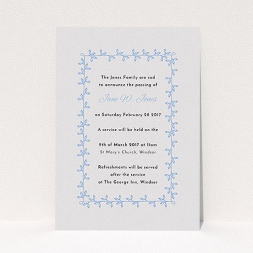 Funeral Notification Card Design - "Vine onto vine" A funeral notification card design named "Vine onto vine". It is an A6 card in a portrait orientation. "Vine onto vine" is available as a flat card, with tones of light grey and blue.