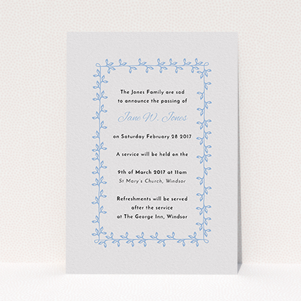A funeral notification card design named "Vine onto vine". It is an A6 card in a portrait orientation. "Vine onto vine" is available as a flat card, with tones of light grey and blue.