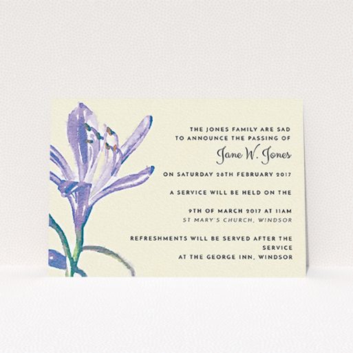 Funeral Notification Card Design - "Violets in watercolour" A funeral notification card template titled "Violets in watercolour". It is an A6 card in a landscape orientation. "Violets in watercolour" is available as a flat card, with tones of cream, green and light purple.
