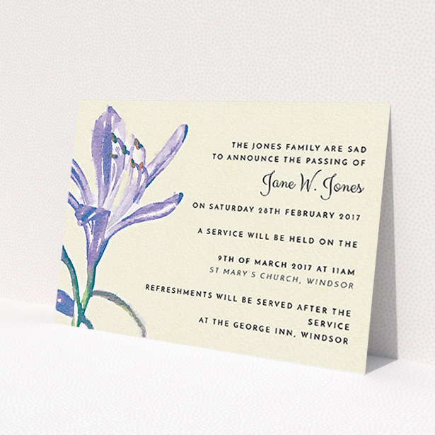A funeral notification card template titled "Violets in watercolour". It is an A6 card in a landscape orientation. "Violets in watercolour" is available as a flat card, with tones of cream, green and light purple.