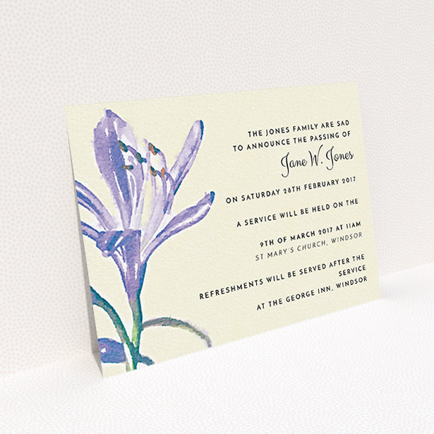 A funeral notification card template titled "Violets in watercolour". It is an A6 card in a landscape orientation. "Violets in watercolour" is available as a flat card, with tones of cream, green and light purple.