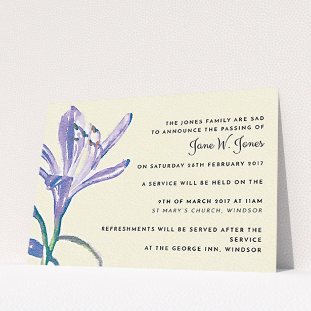 A funeral notification card template titled "Violets in watercolour". It is an A6 card in a landscape orientation. "Violets in watercolour" is available as a flat card, with tones of cream, green and light purple.