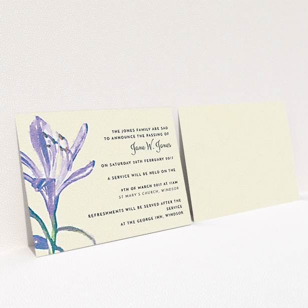 A funeral notification card template titled "Violets in watercolour". It is an A6 card in a landscape orientation. "Violets in watercolour" is available as a flat card, with tones of cream, green and light purple.