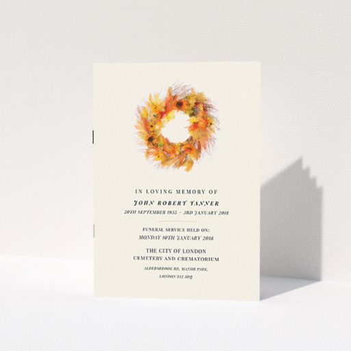 Funeral Order of Service Design - "Autumnal circle" A funeral order of service called "Autumnal circle". It is an A5 booklet in a portrait orientation. "Autumnal circle" is available as a folded booklet booklet, with tones of orange and cream.