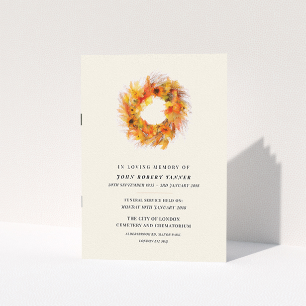A funeral order of service called "Autumnal circle". It is an A5 booklet in a portrait orientation. "Autumnal circle" is available as a folded booklet booklet, with tones of orange and cream.