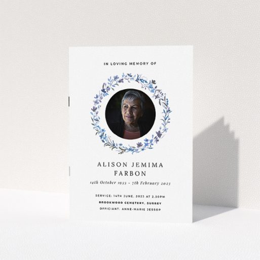 Funeral Order of Service Design - "Blue Floral" A funeral order of service named "Blue Floral. It is an A5 booklet in a portrait orientation. It is a photographic funeral program with room for 1 photo. "Blue Floral" is available as a folded booklet booklet, with tones of blue, light blue and purple.