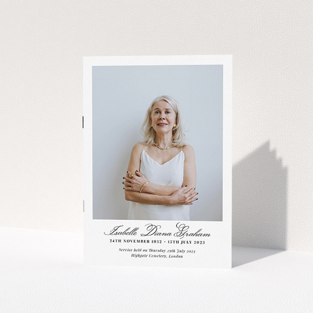 A funeral order of service named "Great Portrait. It is an A5 booklet in a portrait orientation. It is a photographic funeral order of service with room for 1 photo. "Great Portrait" is available as a folded booklet booklet, with splashes of white.