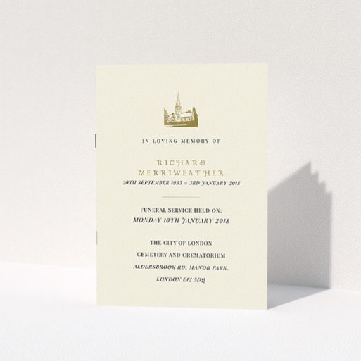 Funeral Order of Service Design - "Golden Church" A funeral order of service called "Golden Church". It is an A5 booklet in a portrait orientation. "Golden Church" is available as a folded booklet booklet, with tones of cream and gold.
