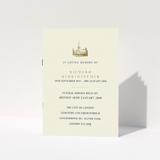 A funeral order of service called "Golden Church". It is an A5 booklet in a portrait orientation. "Golden Church" is available as a folded booklet booklet, with tones of cream and gold.