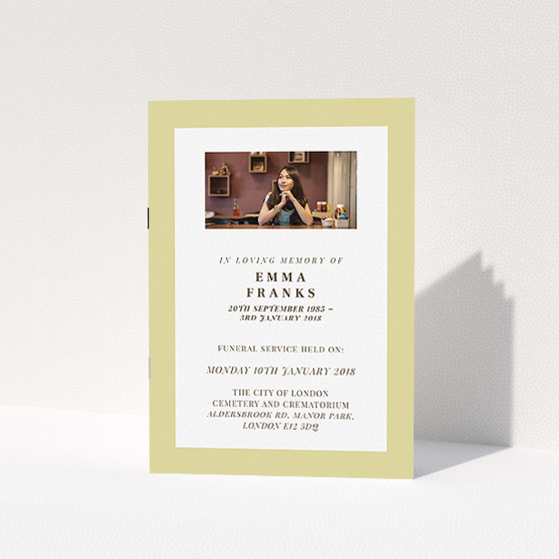 A funeral order of service named "Impact of gold". It is an A5 booklet in a portrait orientation. It is a photographic funeral order of service with room for 1 photo. "Impact of gold" is available as a folded booklet booklet, with mainly gold colouring.