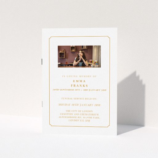 Funeral Order of Service Design - "Orange notch" A funeral order of service called "Orange notch". It is an A5 booklet in a portrait orientation. It is a photographic funeral order of service with room for 1 photo. "Orange notch" is available as a folded booklet booklet, with tones of white and orange.