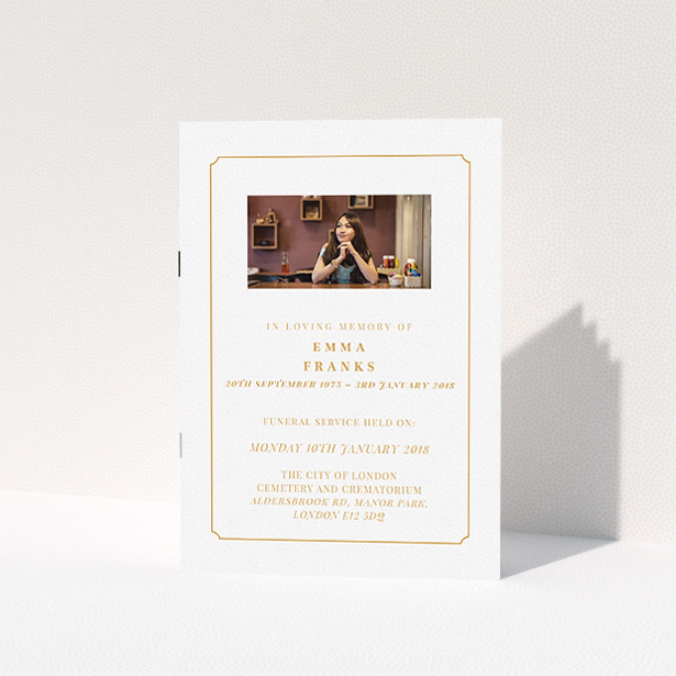 A funeral order of service called "Orange notch". It is an A5 booklet in a portrait orientation. It is a photographic funeral order of service with room for 1 photo. "Orange notch" is available as a folded booklet booklet, with tones of white and orange.
