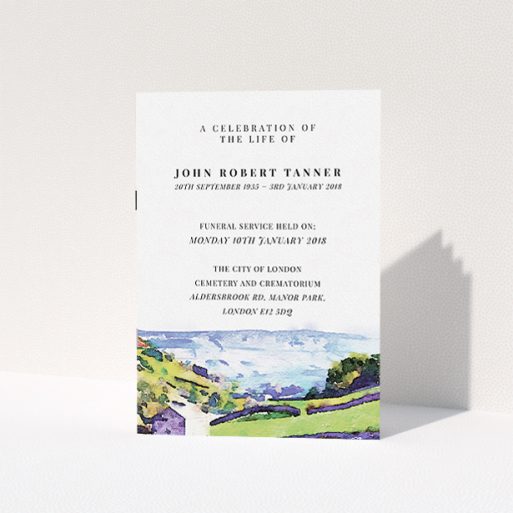 Funeral Order of Service Design - "Over the Dales" A funeral order of service design named "Over the Dales". It is an A5 booklet in a portrait orientation. "Over the Dales" is available as a folded booklet booklet, with tones of green, light blue and purple.