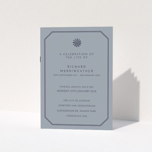 Funeral Order of Service Design - "Shade though" A funeral order of service design called "Shade though". It is an A5 booklet in a portrait orientation. "Shade though" is available as a folded booklet booklet, with tones of dark grey and navy blue.