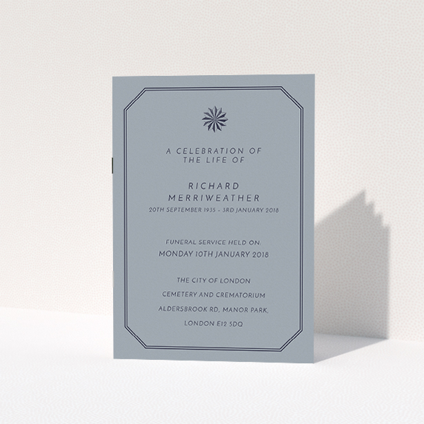 A funeral order of service design called "Shade though". It is an A5 booklet in a portrait orientation. "Shade though" is available as a folded booklet booklet, with tones of dark grey and navy blue.