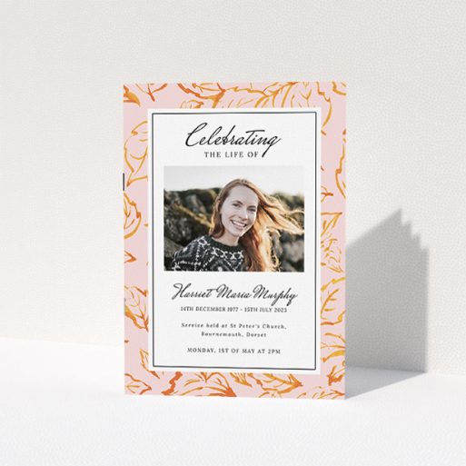 Funeral Order of Service Template - "autumnal peace" A funeral order of service named "autumnal peace. It is an A5 booklet in a portrait orientation. It is a photographic funeral program with room for 1 photo. "autumnal peace" is available as a folded booklet booklet, with tones of light pink and .