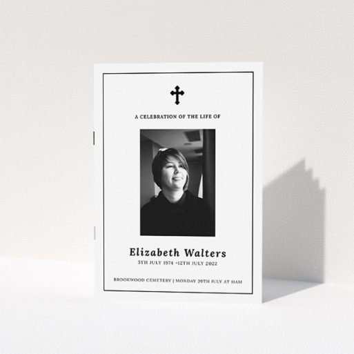 Funeral Order of Service Template - "Simple and Straightforward" A funeral order of service named "Simple and Straightforward. It is an A5 booklet in a portrait orientation. It is a photographic funeral program with room for 1 photo. "Simple and Straightforward" is available as a folded booklet booklet, with tones of white and black.