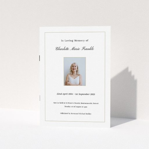 Funeral Order of Service Template - "Straightforward" A funeral order of service named "Straightforward. It is an A5 booklet in a portrait orientation. It is a photographic funeral program with room for 1 photo. "Straightforward" is available as a folded booklet booklet, with tones of white and yellow.