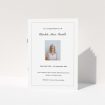 A funeral order of service named "Straightforward. It is an A5 booklet in a portrait orientation. It is a photographic funeral program with room for 1 photo. "Straightforward" is available as a folded booklet booklet, with tones of white and yellow.