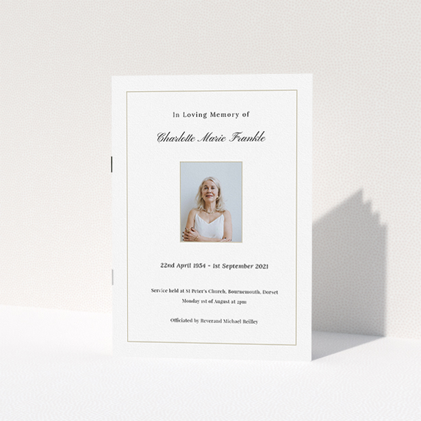A funeral order of service named "Straightforward. It is an A5 booklet in a portrait orientation. It is a photographic funeral program with room for 1 photo. "Straightforward" is available as a folded booklet booklet, with tones of white and yellow.