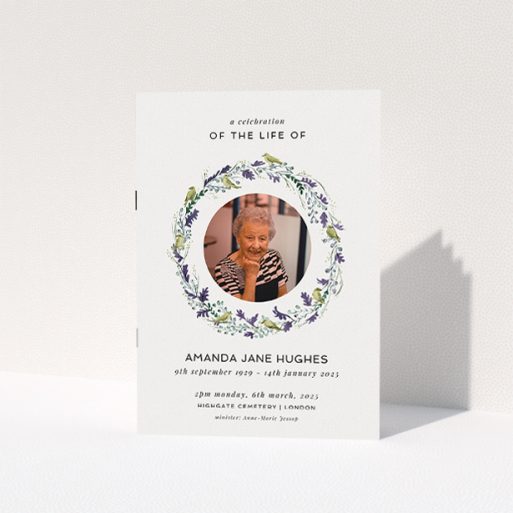 Funeral Service Booklet - "Bird wreath" A funeral order of service named "Bird wreath. It is an A5 booklet in a portrait orientation. It is a photographic funeral program with room for 1 photo. "Bird wreath" is available as a folded booklet booklet, with tones of green and purple.