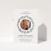 A funeral order of service named "Bird wreath. It is an A5 booklet in a portrait orientation. It is a photographic funeral order of service with room for 1 photo. "Bird wreath" is available as a folded booklet booklet, with tones of green and purple.