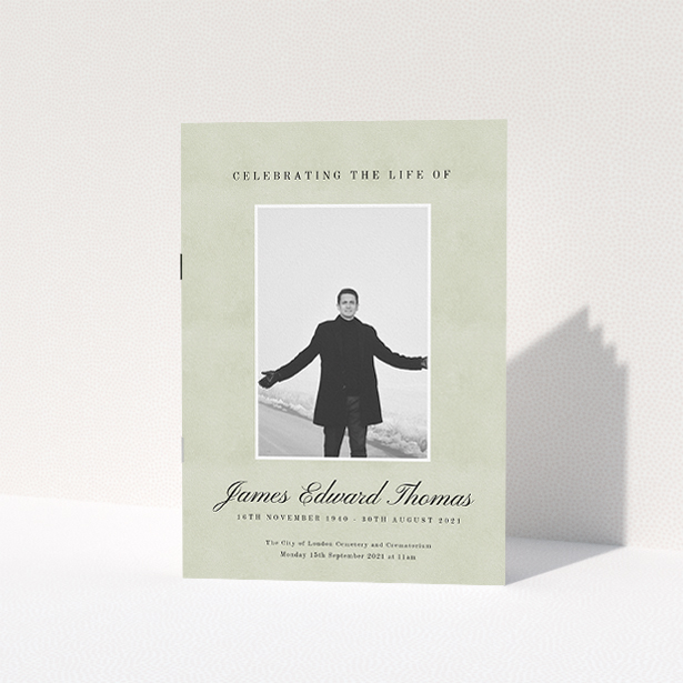 A funeral order of service named "Hazy background. It is an A5 booklet in a portrait orientation. It is a photographic funeral order of service with room for 1 photo. "Hazy background" is available as a folded booklet booklet, with splashes of green.
