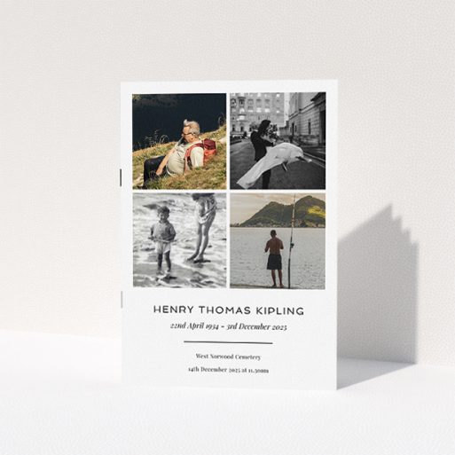 Funeral Service Booklet - "Many Photos" A funeral order of service named "Many Photos. It is an A5 booklet in a portrait orientation. It is a photographic funeral program with room for 4 photos. "Many Photos" is available as a folded booklet booklet, with tones of white and black.