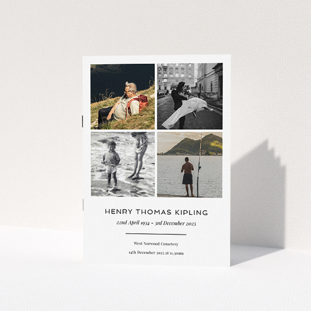 A funeral order of service named "Many Photos. It is an A5 booklet in a portrait orientation. It is a photographic funeral order of service with room for 4 photos. "Many Photos" is available as a folded booklet booklet, with tones of white and black.