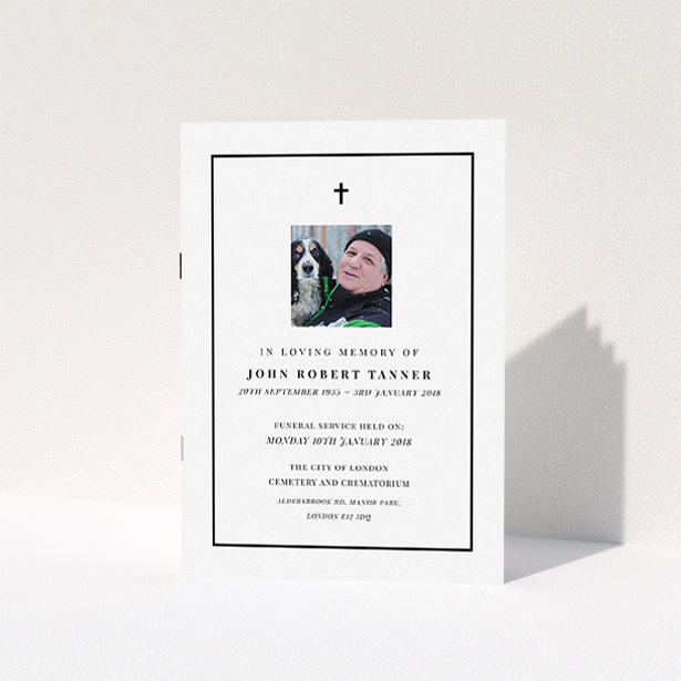 A funeral service program called "Black-and-white". It is an A5 booklet in a portrait orientation. It is a photographic funeral service program with room for 1 photo. "Black-and-white" is available as a folded booklet booklet, with mainly white colouring.
