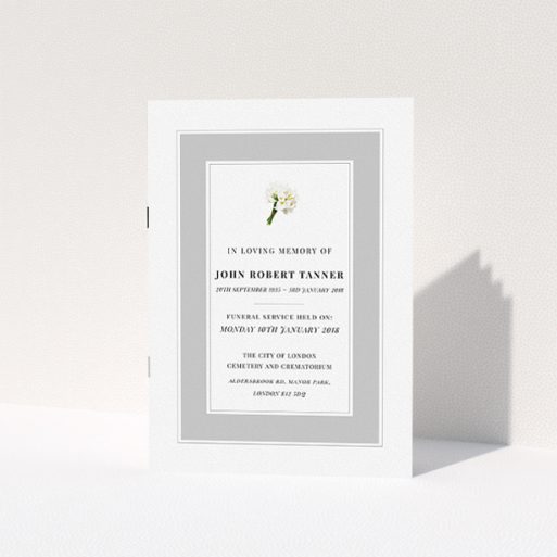 Funeral Service Program Design - "Bouquet of life" A funeral service program design named "Bouquet of life". It is an A5 booklet in a portrait orientation. "Bouquet of life" is available as a folded booklet booklet, with tones of grey and white.