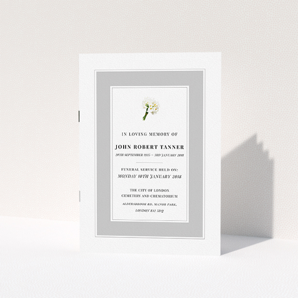 A funeral service program design named "Bouquet of life". It is an A5 booklet in a portrait orientation. "Bouquet of life" is available as a folded booklet booklet, with tones of grey and white.