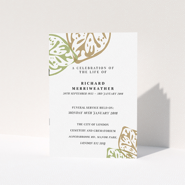 A funeral service program named "Impression of the jungle". It is an A5 booklet in a portrait orientation. "Impression of the jungle" is available as a folded booklet booklet, with tones of faded green and pale orange.