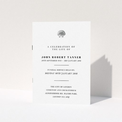 Funeral Service Program Design - "On the beach" A funeral service program design titled "On the beach". It is an A5 booklet in a portrait orientation. "On the beach" is available as a folded booklet booklet, with mainly white colouring.