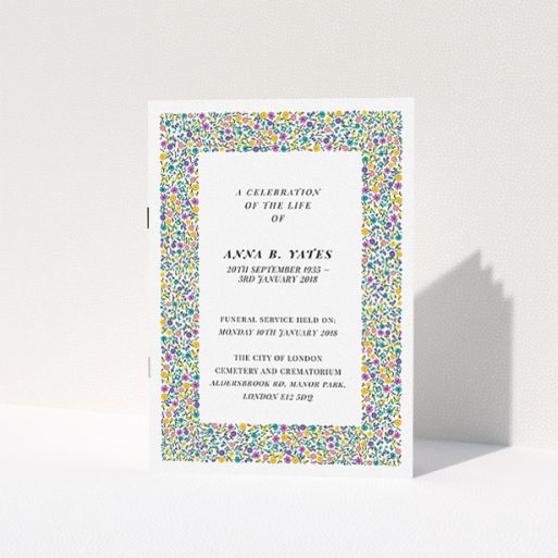 Funeral Service Program Design - "Pick up the flowers" A funeral service program named "Pick up the flowers". It is an A5 booklet in a portrait orientation. "Pick up the flowers" is available as a folded booklet booklet, with mainly green colouring.